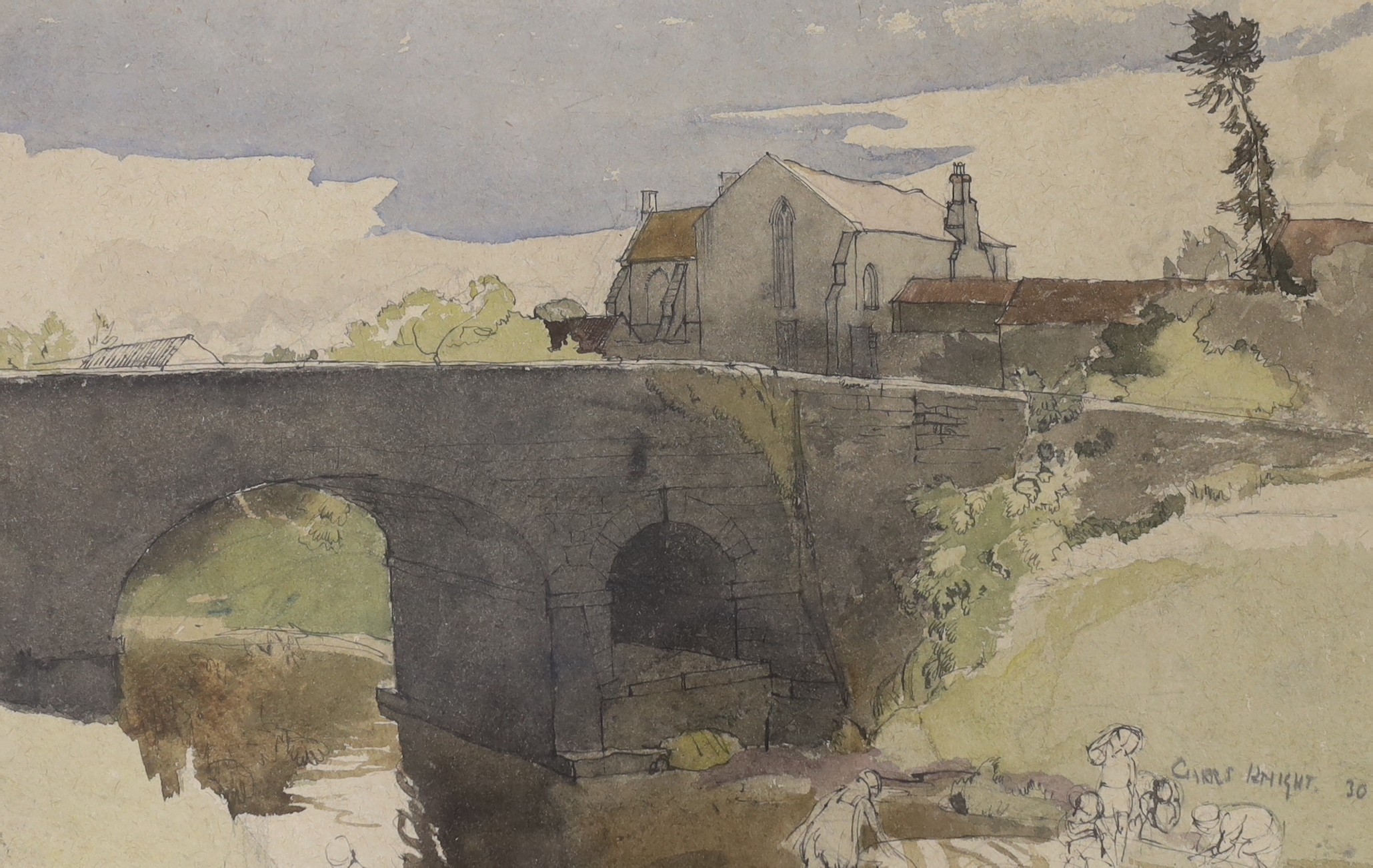 Charles Knight, 1901-1990, ink and watercolour, Labourers beside stone bridge, signed in pencil and dated '30, 24 x 36cm